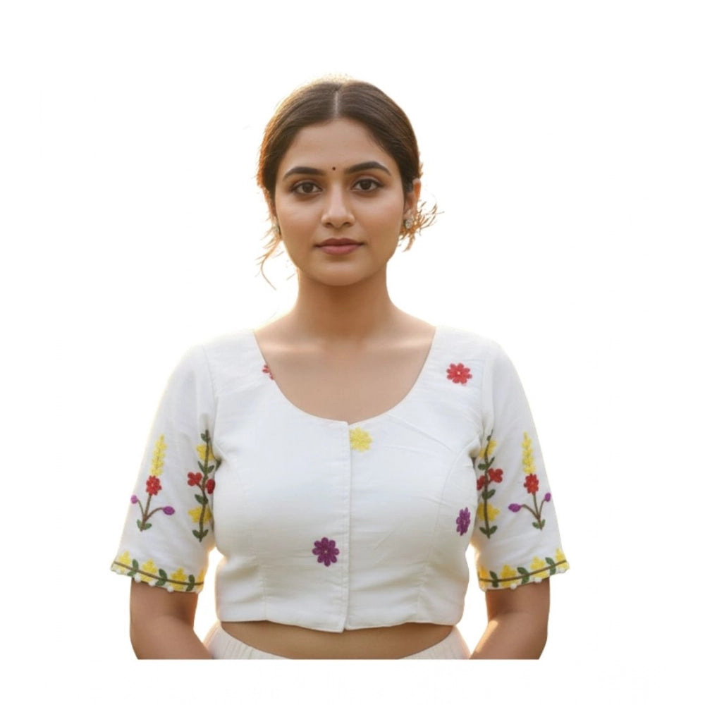 Generic Women's Cambric Cotton Round Neck Padded Blouse (White, 38 Ready Size (Self-Alterable 36–40)