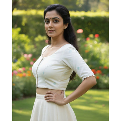 Generic Women's Cambric Cotton Round Neck Padded Blouse (White, 38 Ready Size (Self-Alterable 36–40)