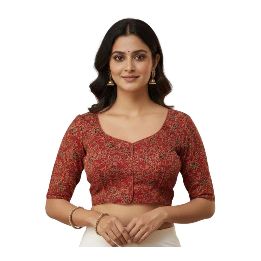 Generic Women's Ajrakh Cotton Round Neck Padded Blouse (Red, 38 Ready Size (Self-Alterable 36–40)