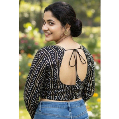 Generic Women's Rayon Sabyasachi Style Round Neck Padded Blouse (Black, 38 Ready Size (Self-Alterable 36–40)