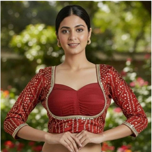 Generic Women's Rayon Sabyasachi Style Round Neck Padded Blouse (Maroon, 38 Ready Size (Self-Alterable 36–40)