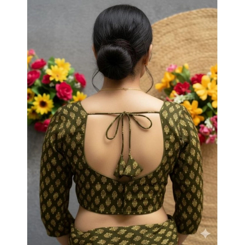 Generic Women's Ajrakh Cotton Halter Neck Padded Blouse (Olive, 38 Ready Size (Self-Alterable 36–40)