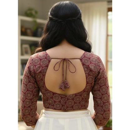 Generic Women's Ajrakh Cotton Halter Neck Padded Blouse (Maroon, 38 Ready Size (Self-Alterable 36–40)