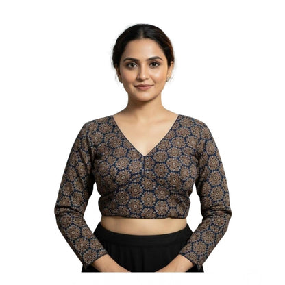 Generic Women's Ajrakh Cotton Halter Neck Padded Blouse (Navy, 38 Ready Size (Self-Alterable 36–40)