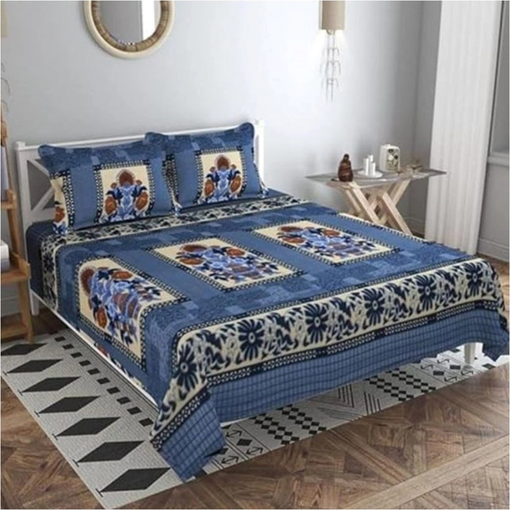 Generic Fleece Floral Printed Double Polar Warm Bedsheet with 2 Pillow Cover (Blue)