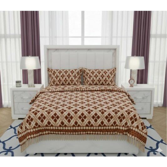 Generic Fleece Geometric Double Polar Warm Bedsheet with 2 Pillow Cover (Brown)