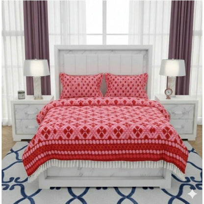 Generic Fleece Geometric Double Polar Warm Bedsheet with 2 Pillow Cover (Red)