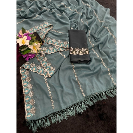 Generic Women's Georgette Embroidered Saree With Unstitched Blouse 5.5Mtr (Blue)