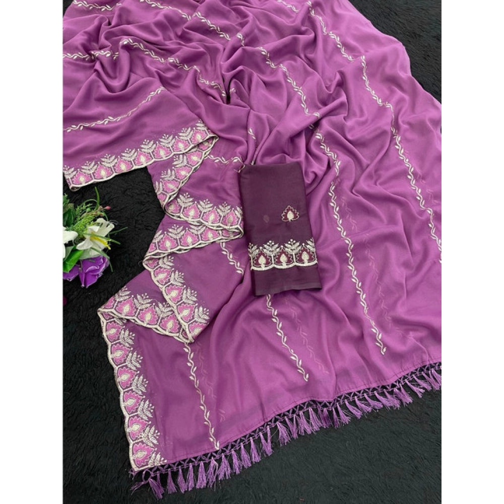 Generic Women's Georgette Embroidered Saree With Unstitched Blouse 5.5Mtr (Purple)