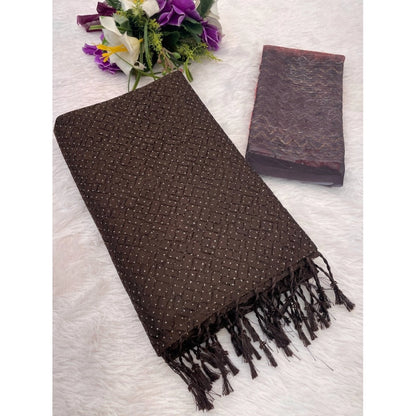 Generic Women's Chiffon Zigzag lines Saree With Unstitched Blouse 5.5Mtr (Brown)