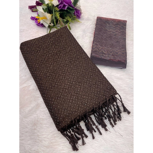 Generic Women's Chiffon Zigzag lines Saree With Unstitched Blouse 5.5Mtr (Brown)