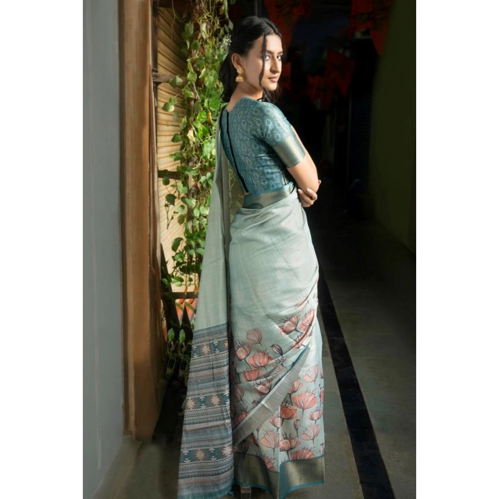 Generic Women's Polyester Printed Saree With Unstitched Blouse 5.5 Mtr (Rama)