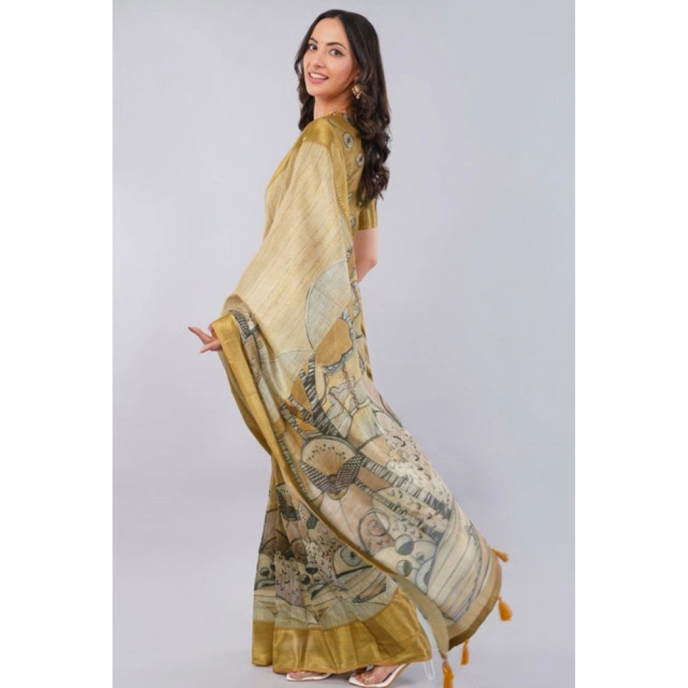 Generic Women's Polyester Printed Ready To Wear Saree With Unstitched Blouse 5.5 Mtr (Gold)