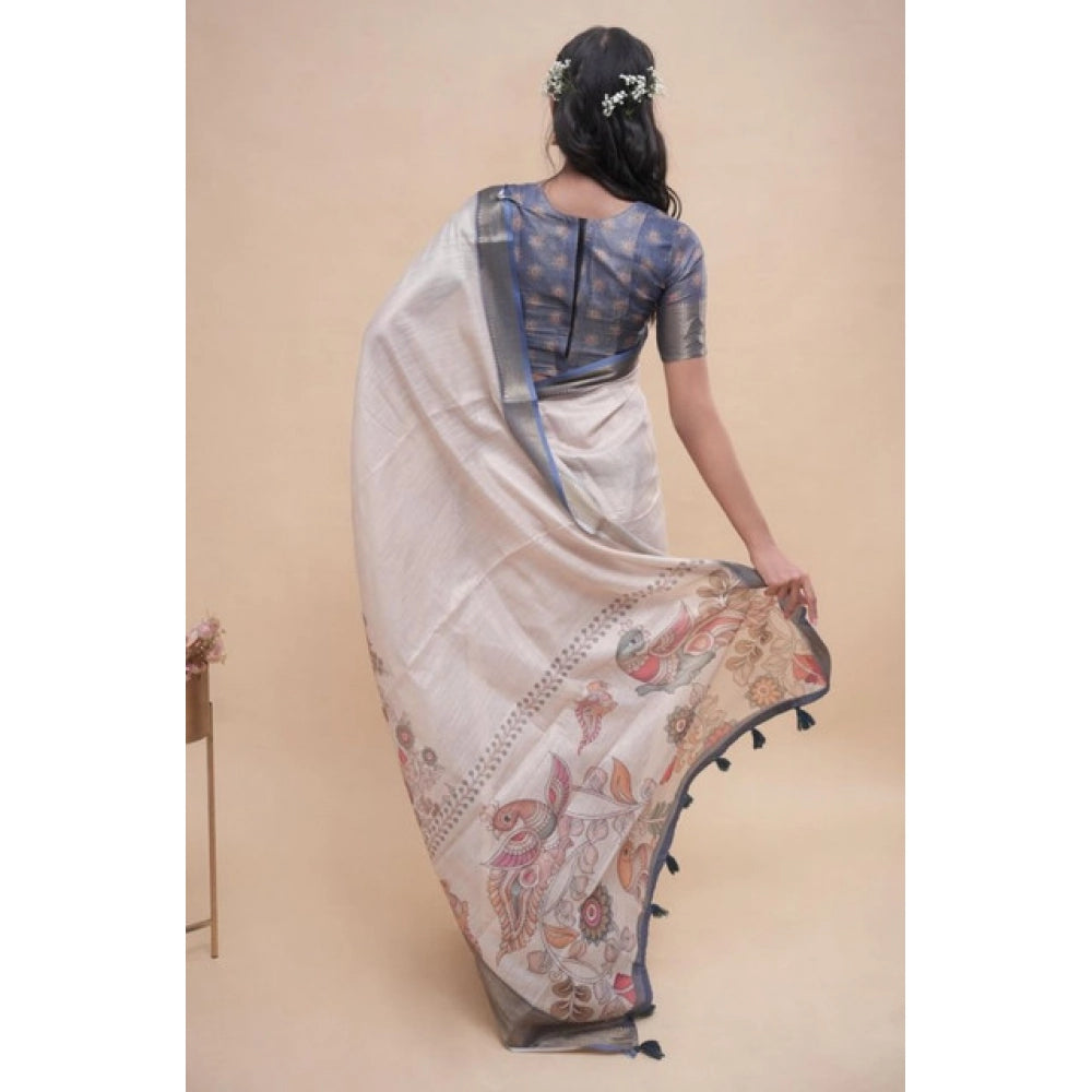 Generic Women's Polyester Printed Saree With Unstitched Blouse 5.5 Mtr (Off-White)