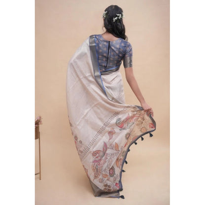 Generic Women's Polyester Printed Saree With Unstitched Blouse 5.5 Mtr (Off-White)