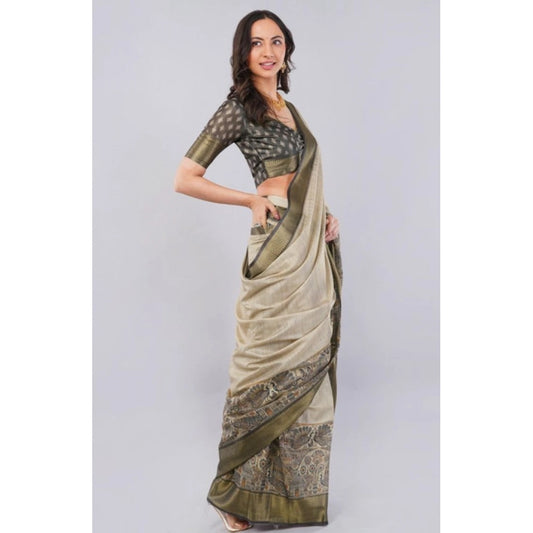 Generic Women's Polyester Printed Ready To Wear Saree With Unstitched Blouse 5.5 Mtr (Beige)