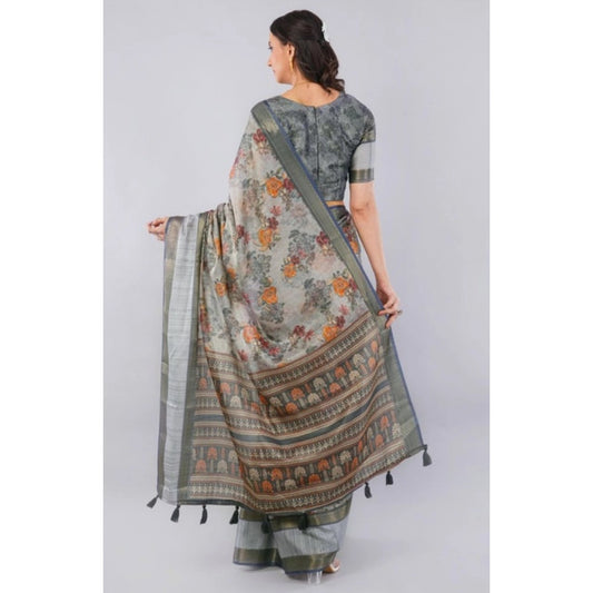 Generic Women's Polyester Printed Ready To Wear Saree With Unstitched Blouse 5.5 Mtr (Light Grey)