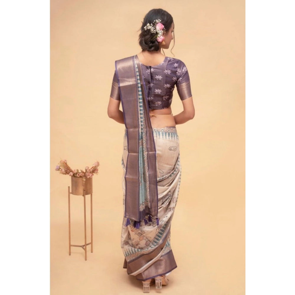 Generic Women's Polyester Printed Saree With Unstitched Blouse 5.5 Mtr (Off-White)