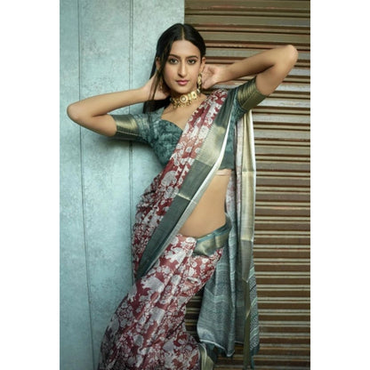 Generic Women's Polyester Printed Saree With Unstitched Blouse 5.5 Mtr (Maroon)