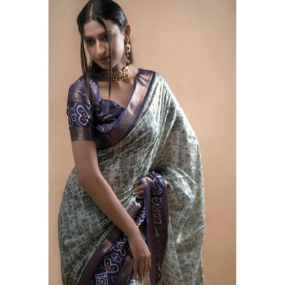 Generic Women's Polyester Printed Saree With Unstitched Blouse 5.5 Mtr (Green)