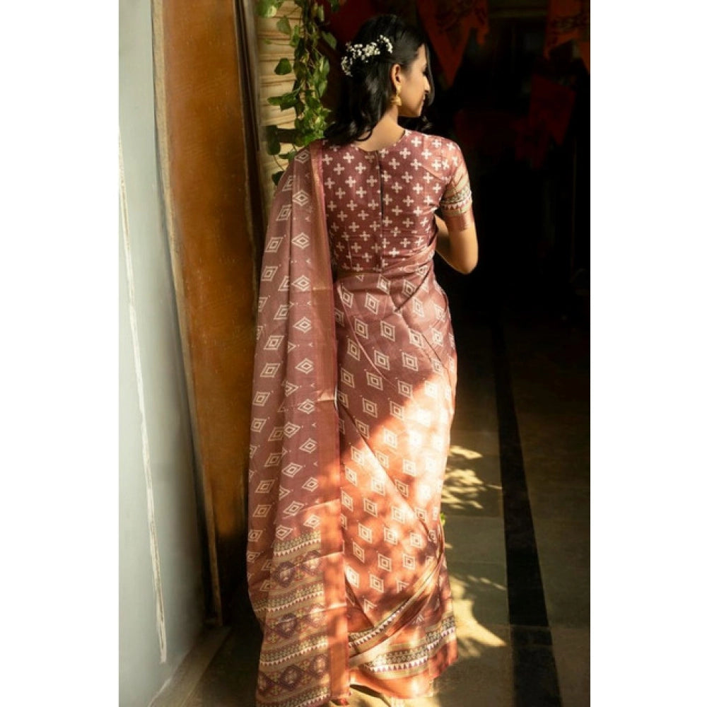 Generic Women's Polyester Printed Saree With Unstitched Blouse 5.5 Mtr (Maroon)