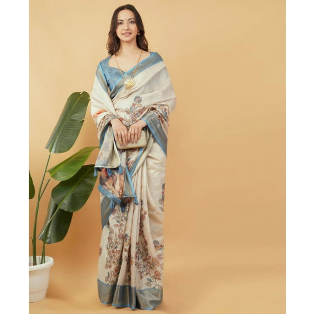 Generic Women's Polyester Printed Saree With Unstitched Blouse 5.5 Mtr (Cream)