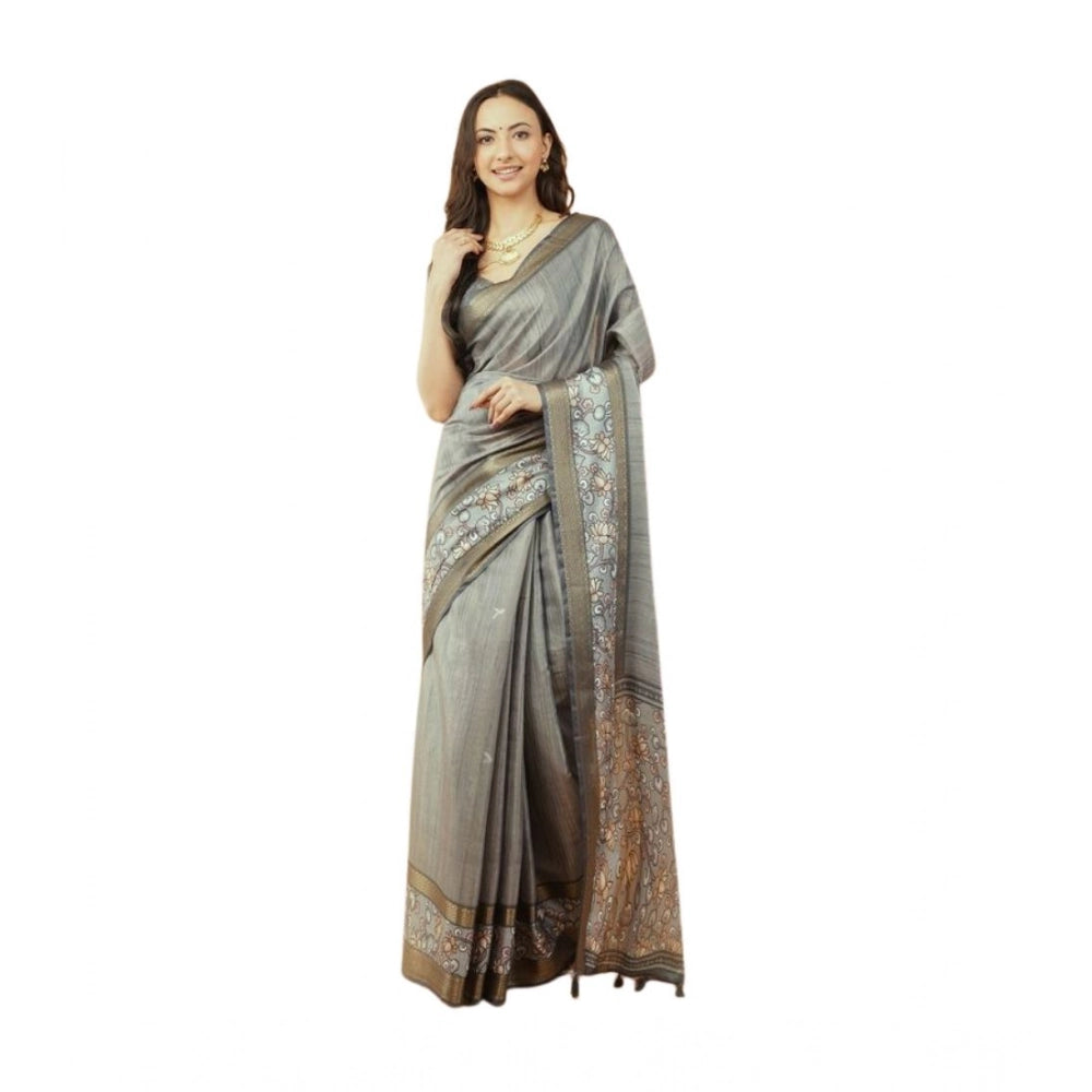 Generic Women's Polyester Printed Saree With Unstitched Blouse 5.5 Mtr (Grey)