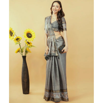 Generic Women's Polyester Printed Saree With Unstitched Blouse 5.5 Mtr (Grey)