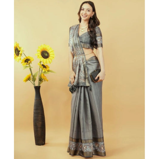 Generic Women's Polyester Printed Saree With Unstitched Blouse 5.5 Mtr (Grey)