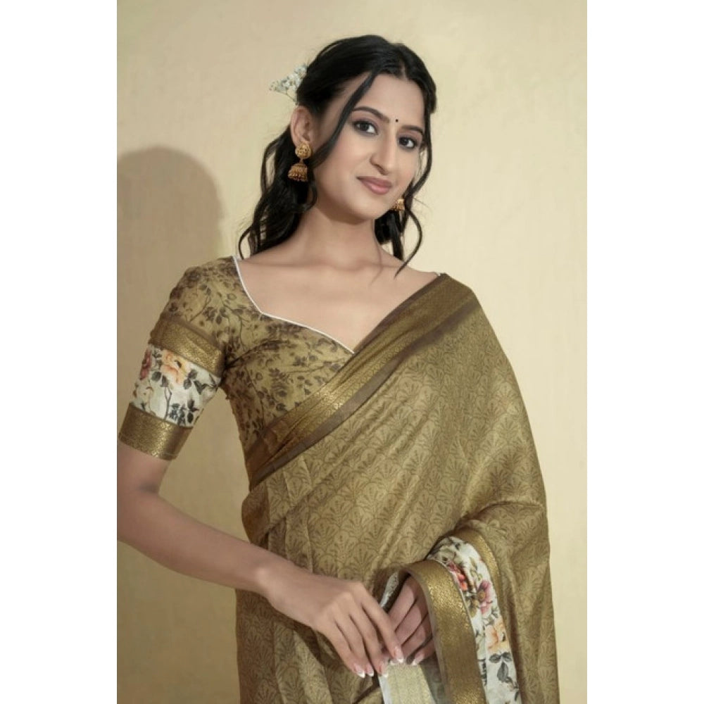 Generic Women's Polyester Printed Saree With Unstitched Blouse 5.5 Mtr (Gold)
