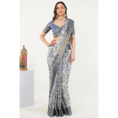 Generic Women's Polyester Printed Saree With Unstitched Blouse 5.5 Mtr (Grey)