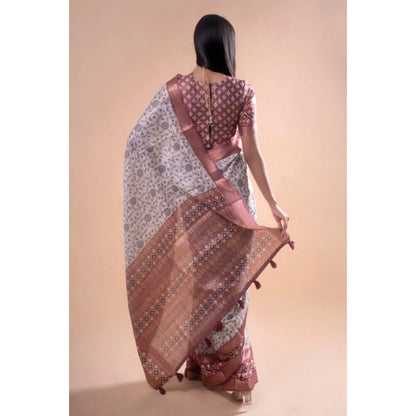 Generic Women's Polyester Printed Saree With Unstitched Blouse 5.5 Mtr (Off-White)