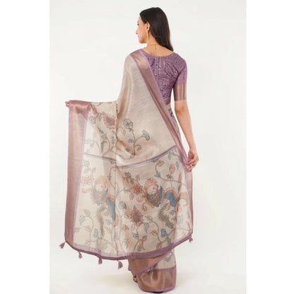 Generic Women's Polyester Printed Saree With Unstitched Blouse 5.5 Mtr (Cream)