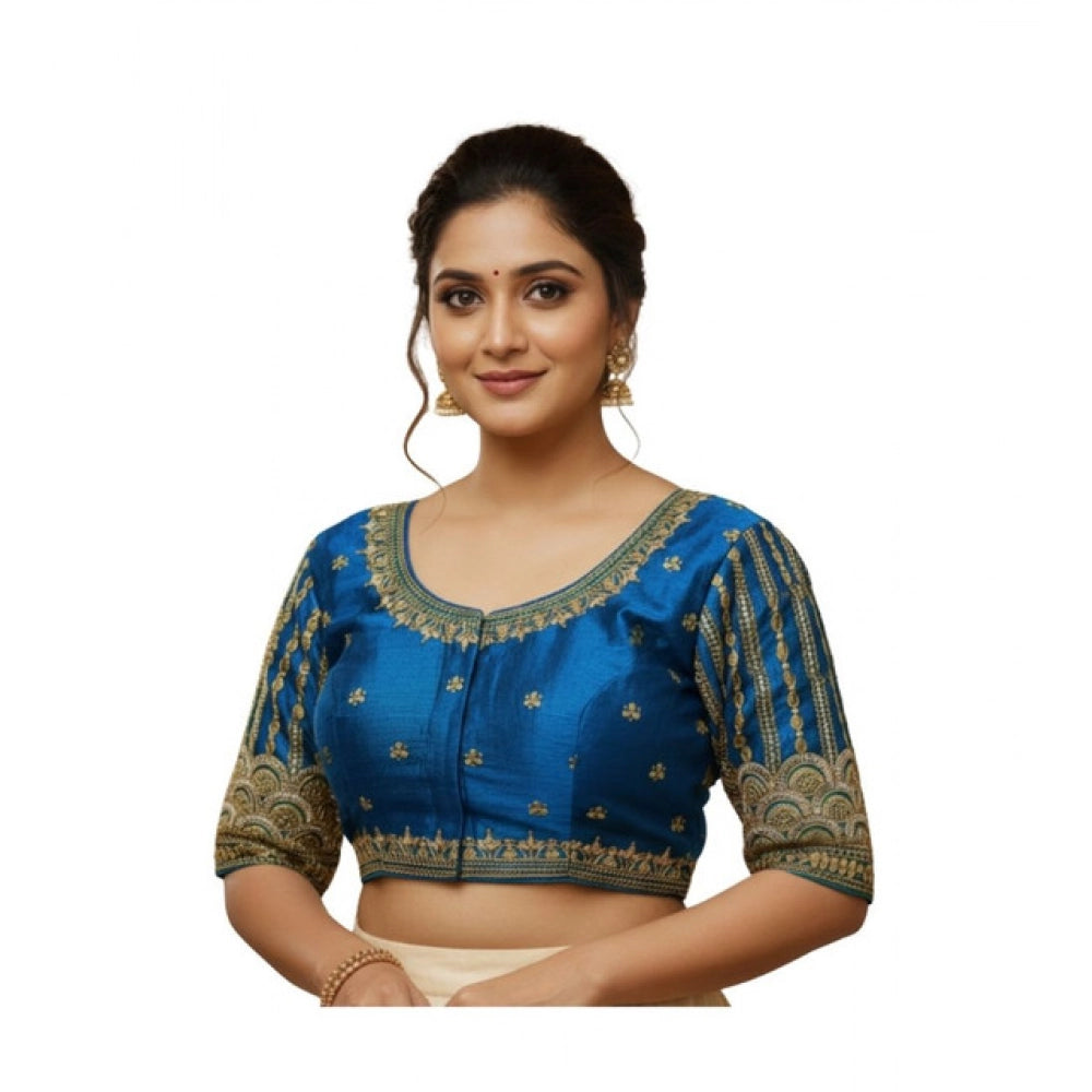 Generic Women's Phantom Silk Embroidered Designer Neck Padded Blouse (Blue 38 Ready (Alterable up to 42)