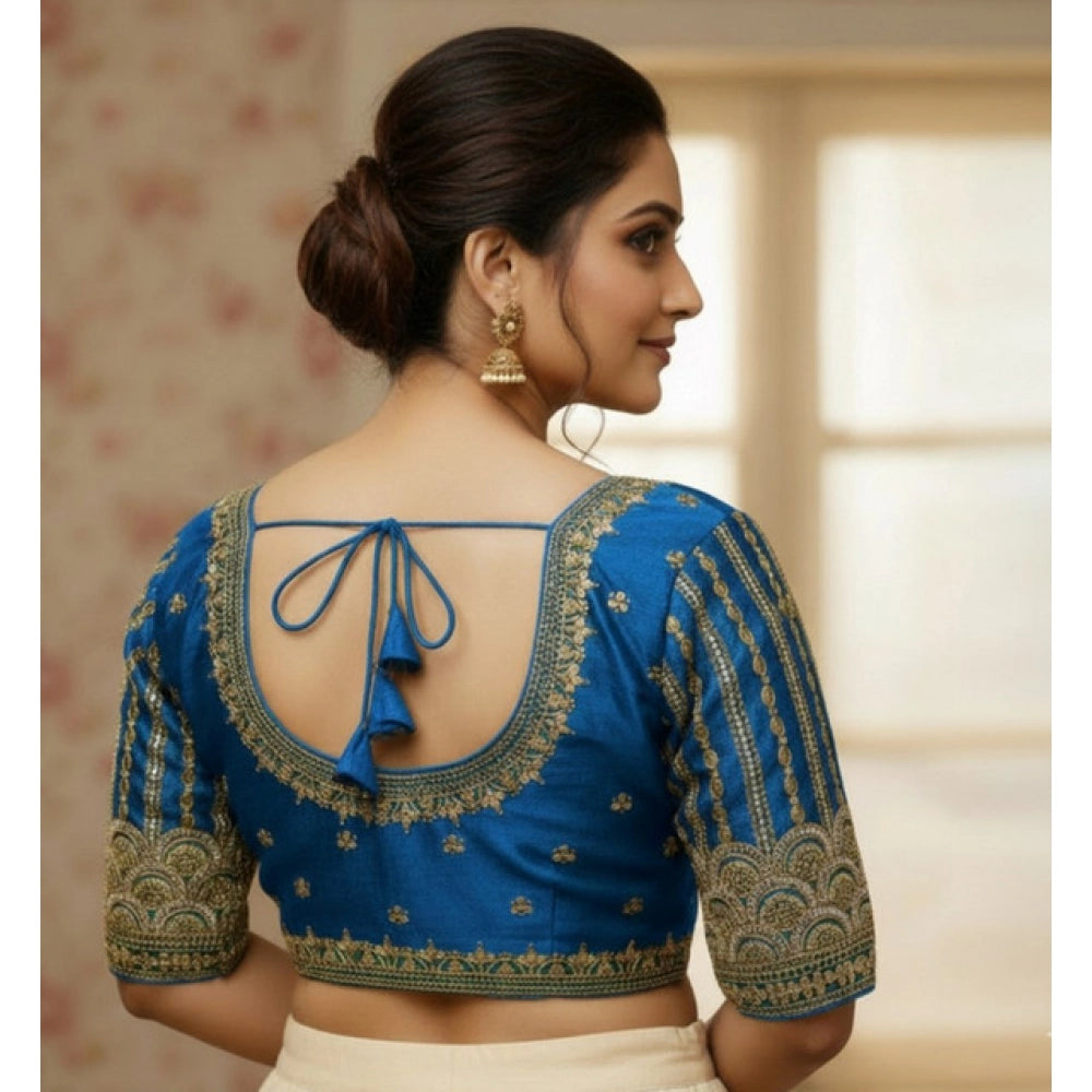 Generic Women's Phantom Silk Embroidered Designer Neck Padded Blouse (Blue 38 Ready (Alterable up to 42)