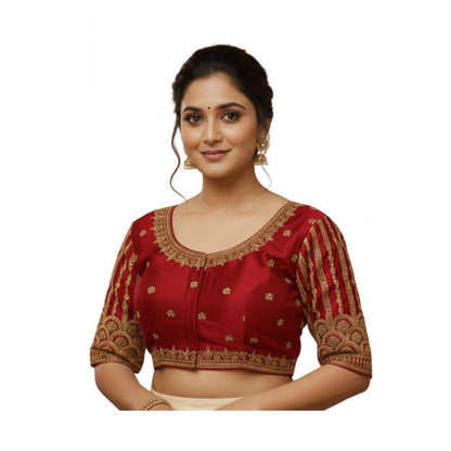 Generic Women's Phantom Silk Embroidered Designer Neck Padded Blouse (Maroon 38 Ready (Alterable up to 42)