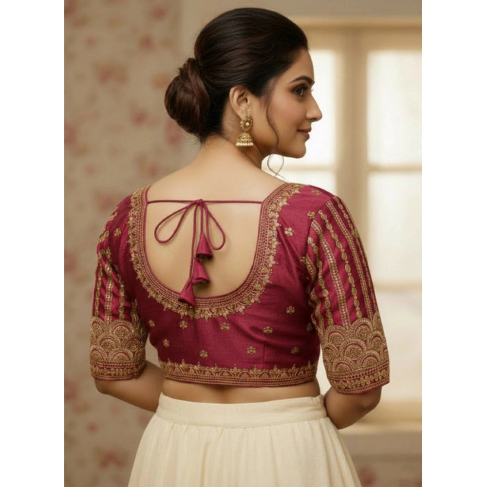 Generic Women's Phantom Silk Embroidered Designer Neck Padded Blouse (Maroon 38 Ready (Alterable up to 42)