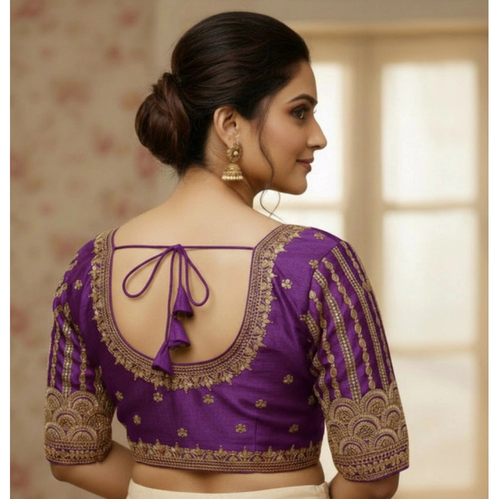 Generic Women's Phantom Silk Embroidered Designer Neck Padded Blouse (Purple 38 Ready (Alterable up to 42)