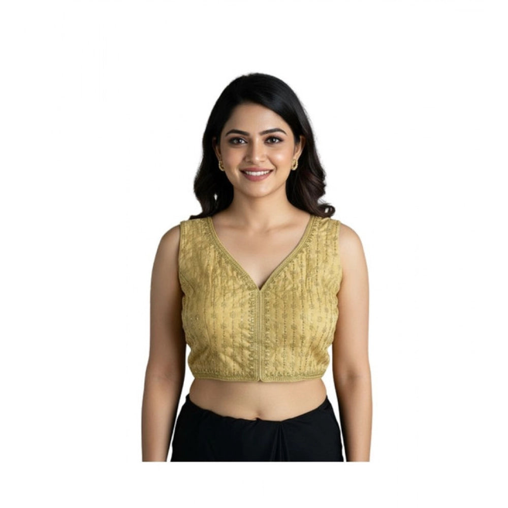 Generic Women's Silk Blend Embroidered V-Neck Non Padded Blouse (Beige 38 Ready (Alterable up to 42)