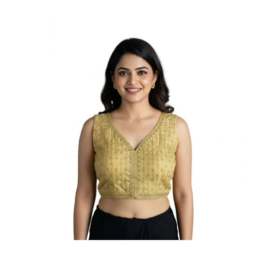 Generic Women's Silk Blend Embroidered V-Neck Non Padded Blouse (Beige 38 Ready (Alterable up to 42)