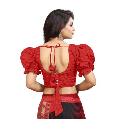 Generic Women's Cotton Embroidered V-Neck Non Padded Blouse (Red 36 Ready (Alterable up to 42)