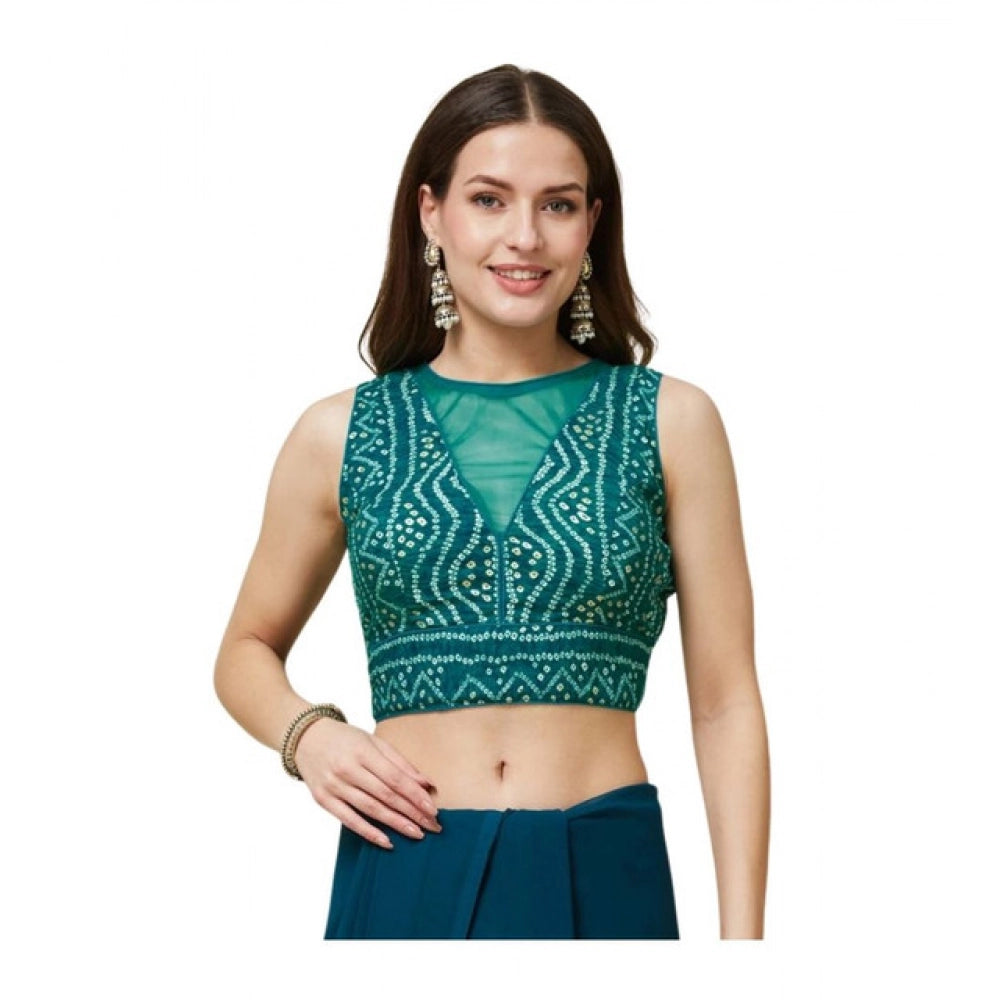 Generic Women's Rayon Cotton Bandhani Printed Halter Neck Non Padded Blouse (Blue 38 Ready (Alterable up to 42)
