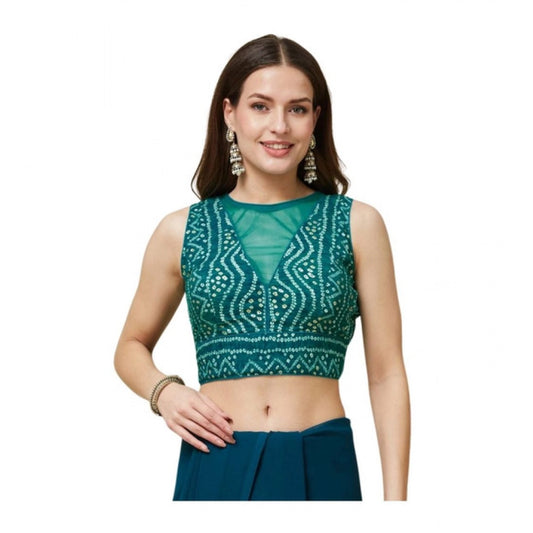 Generic Women's Rayon Cotton Bandhani Printed Halter Neck Non Padded Blouse (Blue 38 Ready (Alterable up to 42)