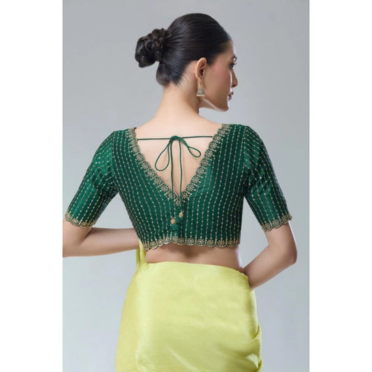 Generic Women's Banarasi Silk Sequence V Neck Non Padded Blouse (Green 38 Ready (Alterable up to 42)
