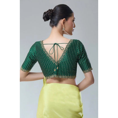 Generic Women's Banarasi Silk Sequence V Neck Non Padded Blouse (Green 38 Ready (Alterable up to 42)