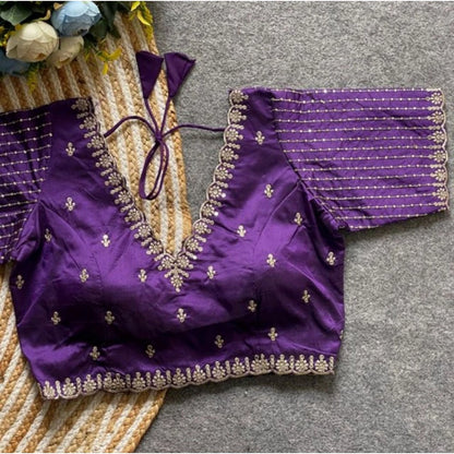 Generic Women's Banarasi Silk Sequence V Neck Non Padded Blouse (Purple 38 Ready (Alterable up to 42)