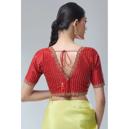 Generic Women's Banarasi Silk Sequence V Neck Non Padded Blouse (Red 38 Ready (Alterable up to 42)