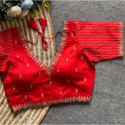 Generic Women's Banarasi Silk Sequence V Neck Non Padded Blouse (Red 38 Ready (Alterable up to 42)