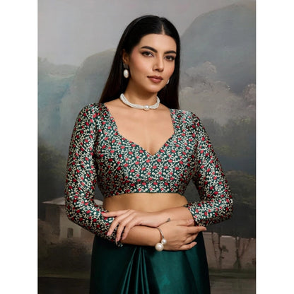 Generic Women's Satin Crepe Printed Saree With Unstitched Blouse 5.5Mtr (Green)