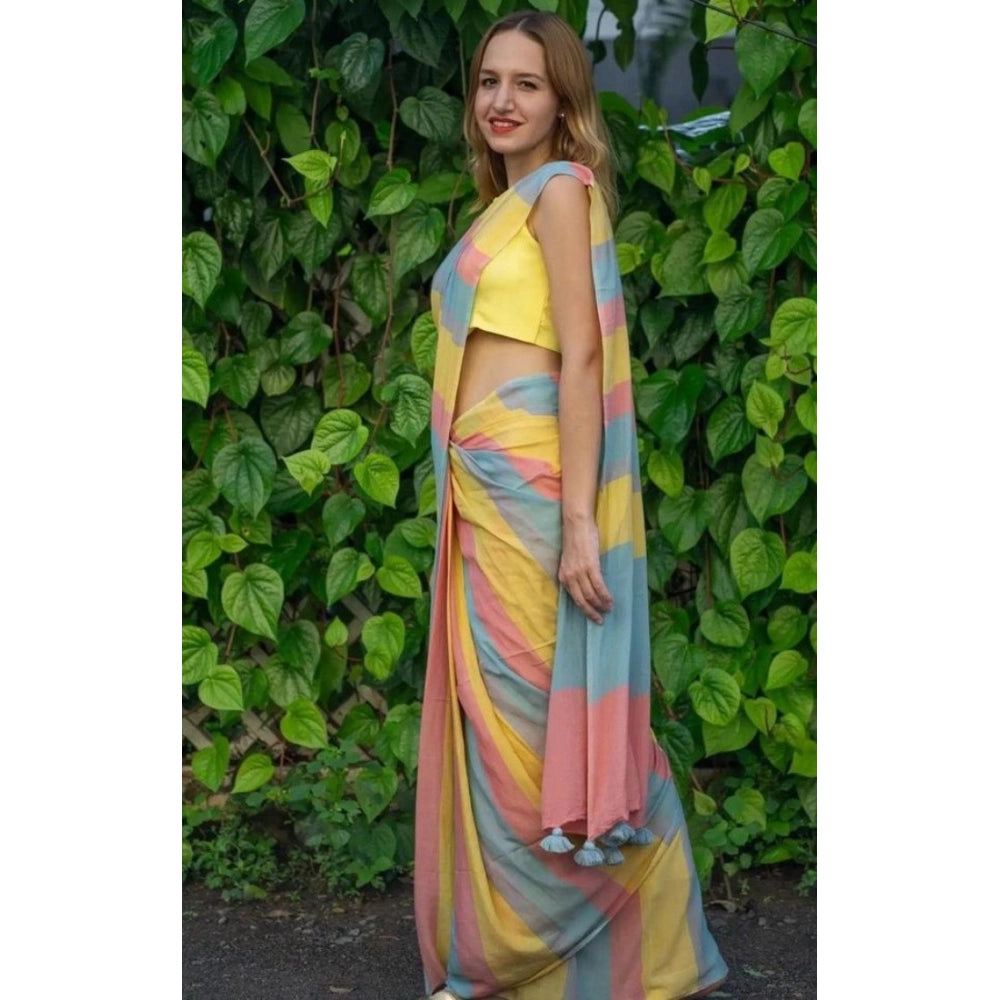 Generic Women's Linen Printed Saree With Unstitched Blouse 5.5Mtr (Multicolor)